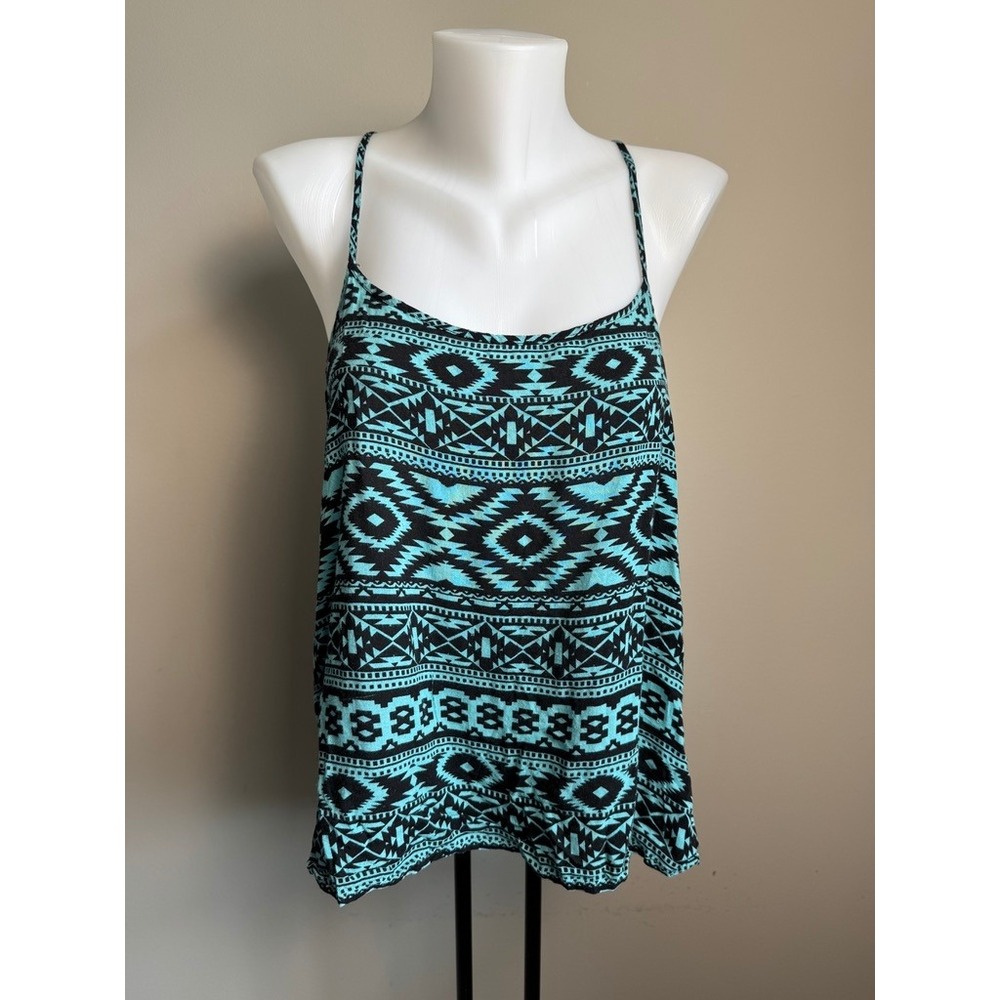 Ardene Geometric Mesh Back Tank Top Womens XL Teal Black Boho Festival Hippie